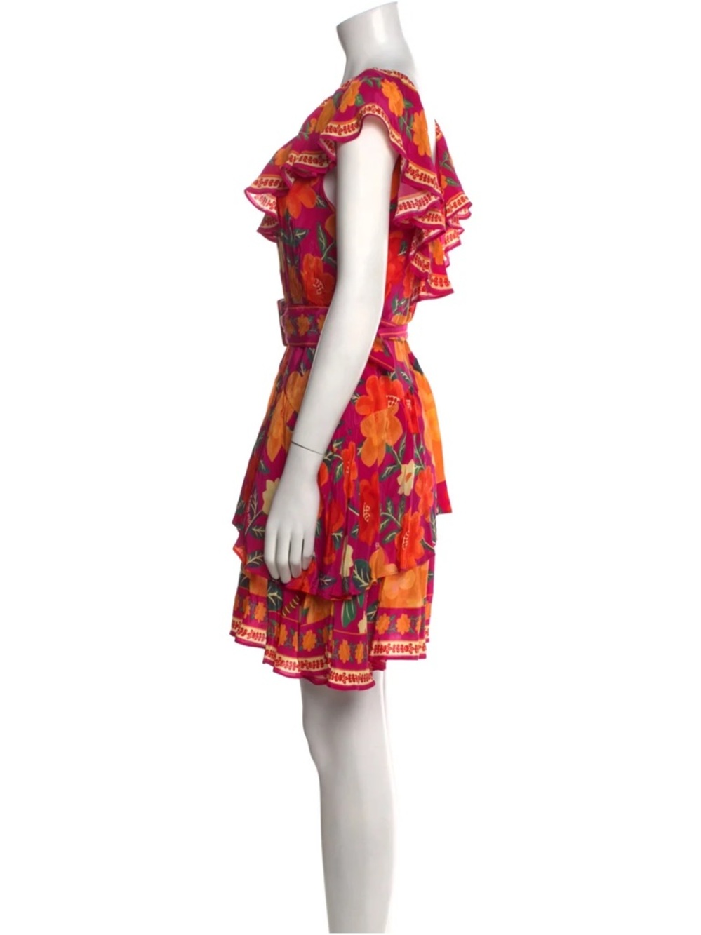 Farm Rio Pink Floral Mini Dress 🌺 Ruffle Trim Belted Tropical Dress Size S - Picture 4 of 5